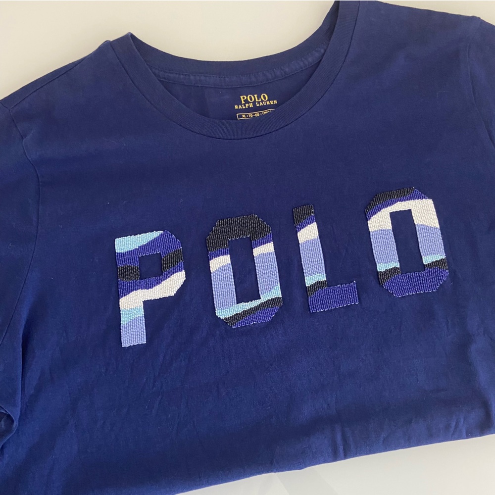 Lauren Ralph Lauren Womens Beaded‎ Navy Blue T-Shirt POLO Logo